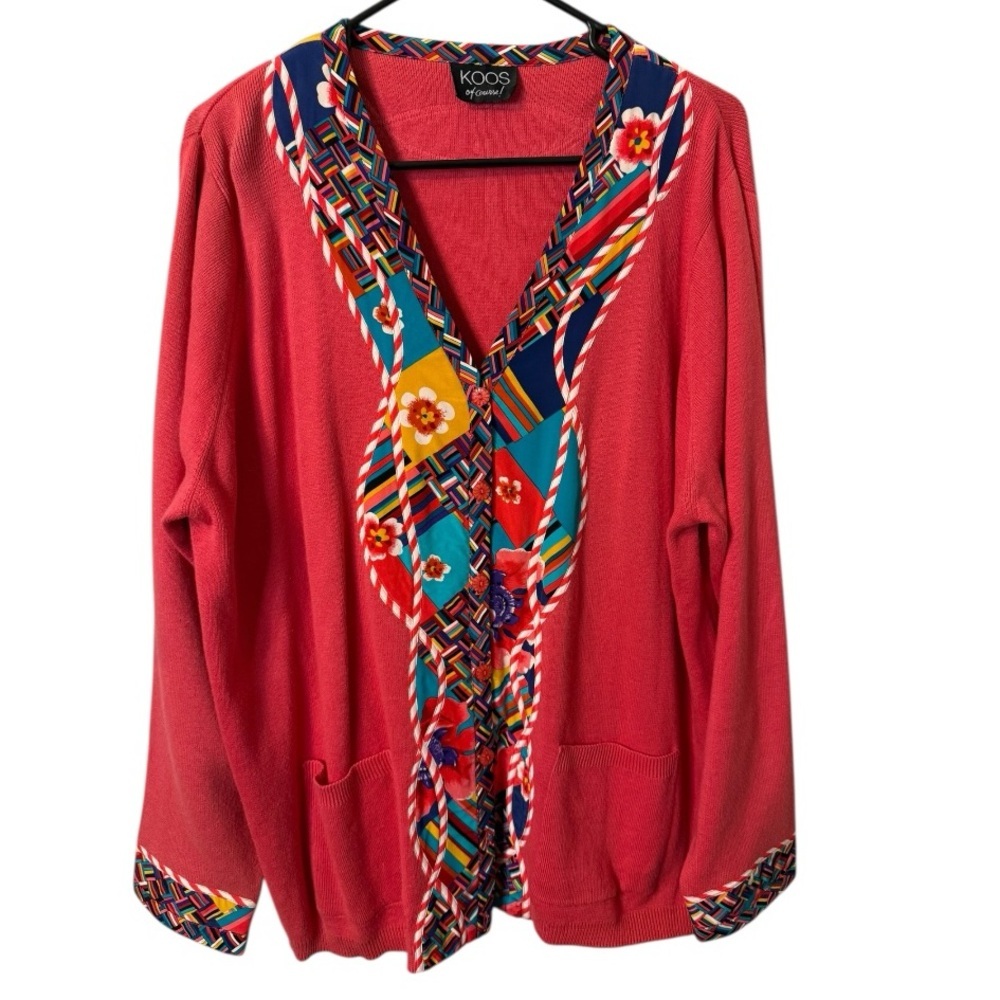 Vintage Koos of Course Pink Multicolor Silk Printed Cardigan Sweater 1X